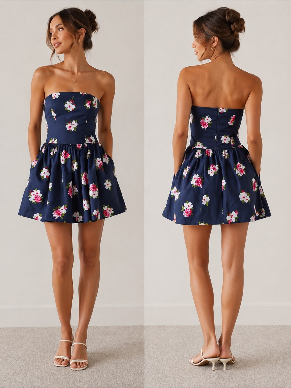 Abercrombie & Fitch Floral Strapless Mini Dress Navy Y2K Cotton Smocked Back M
